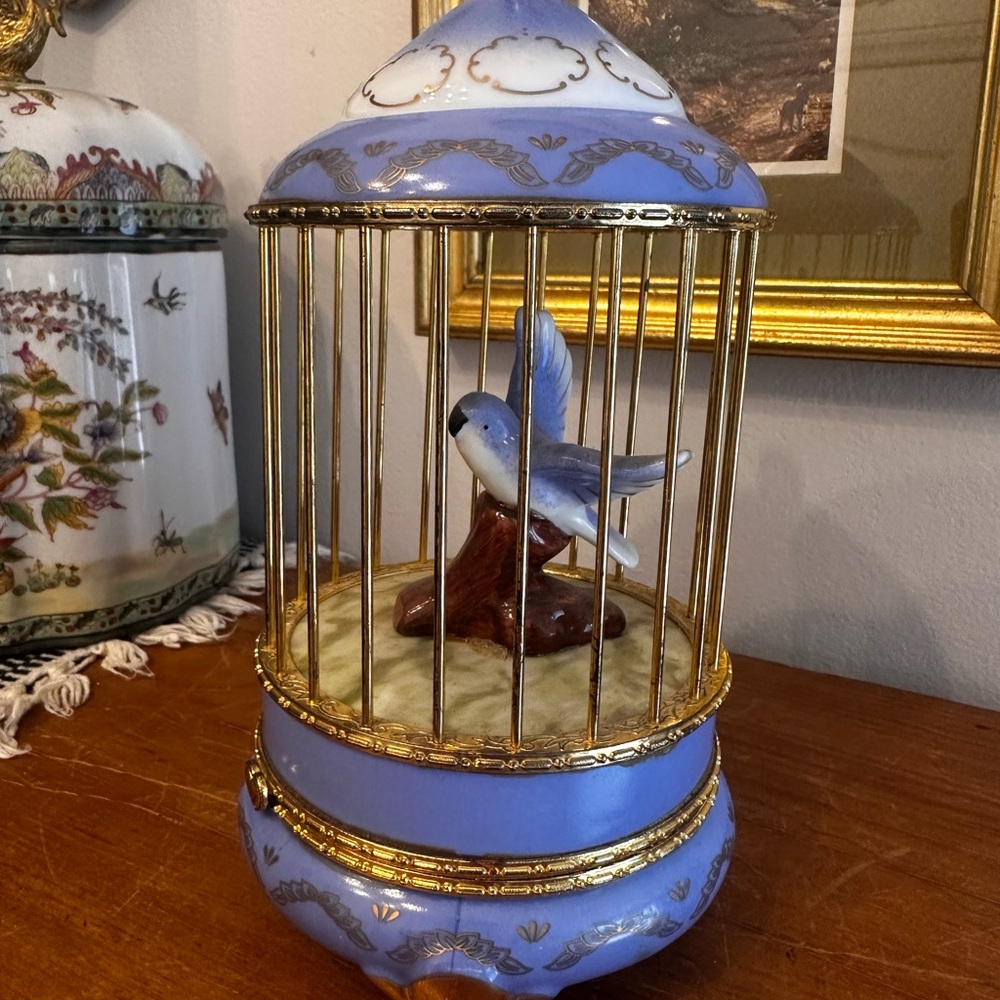 Vintage Blue Imperial Porcelain Bird Cage Trinket Box
